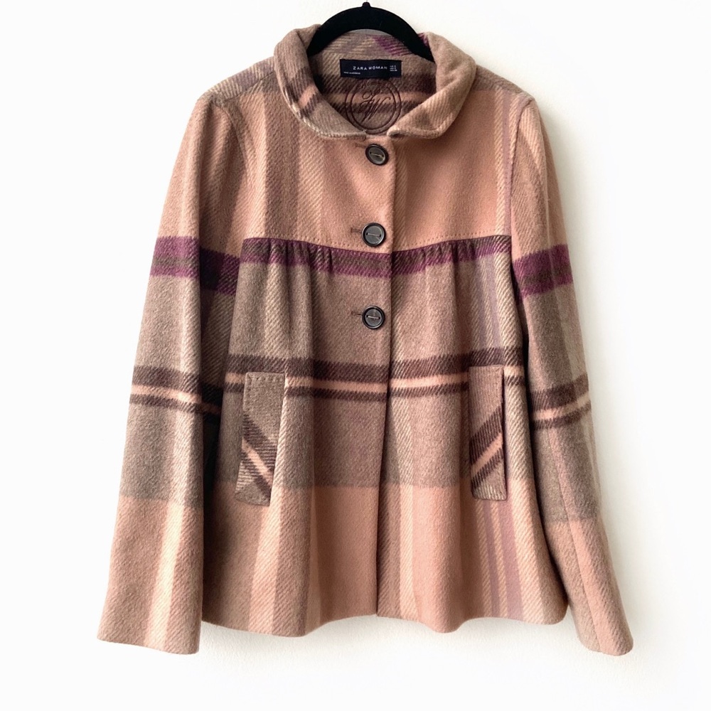 Zara Mauve Plaid Wool Blend Fall Swing Coat.